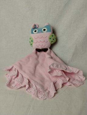 2013 Babies R Us Pink Owl Plush Security Blanket Lovey Pink Eyelet Trim 14" Soft